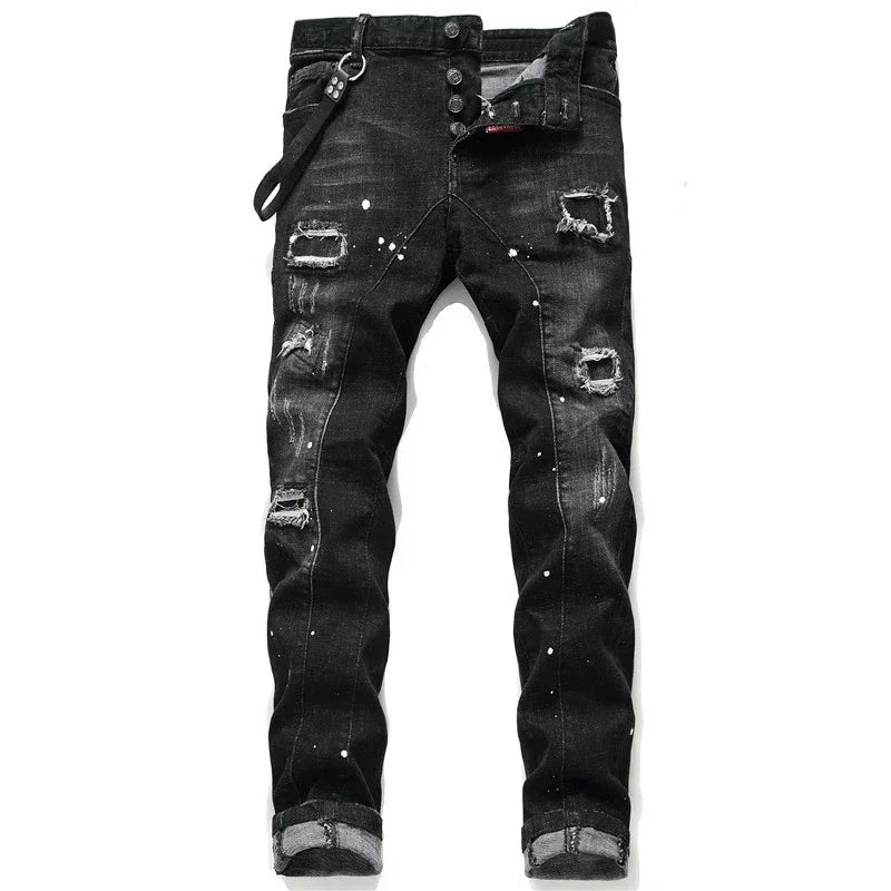 Dark Ripped Denim Men Black Ripped Denim Jeans talian High Street Style Denim Pants High Quality Male Slim Fit Denim Trousers Size 38