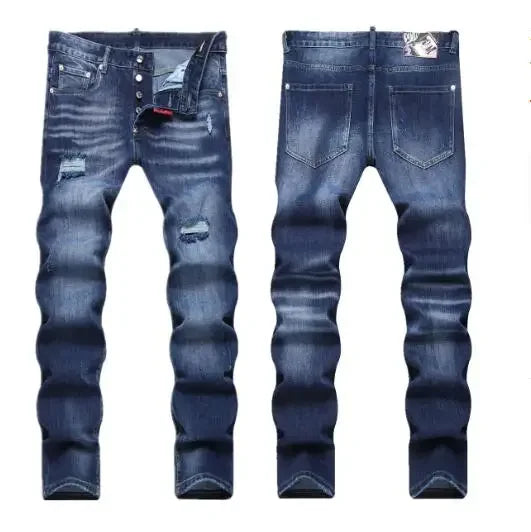 Dark Ripped Denim Men Black Ripped Denim Jeans talian High Street Style Denim Pants High Quality Male Slim Fit Denim Trousers Size 38