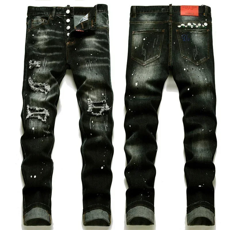 Dark Ripped Denim Men Black Ripped Denim Jeans talian High Street Style Denim Pants High Quality Male Slim Fit Denim Trousers Size 38